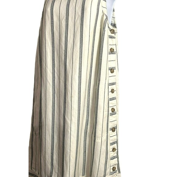 Akemi and Kin Anthropologie Women's Cream Navy Side Button Dress 6 Frayed Hem - Picture 3 of 5